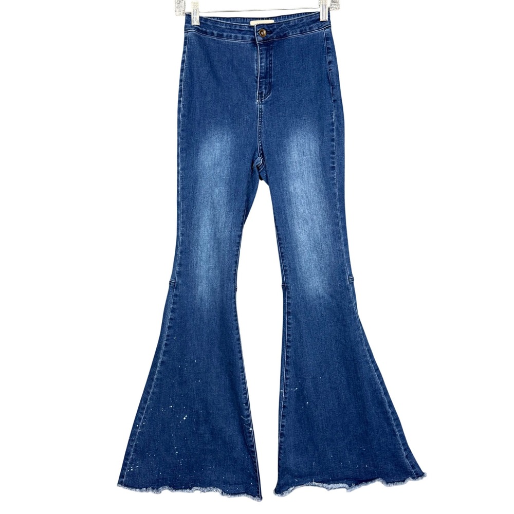 Chelsea & Violet Flare Jeans Womens 27 Blue High Rise Paint Splatter Bell Bottom